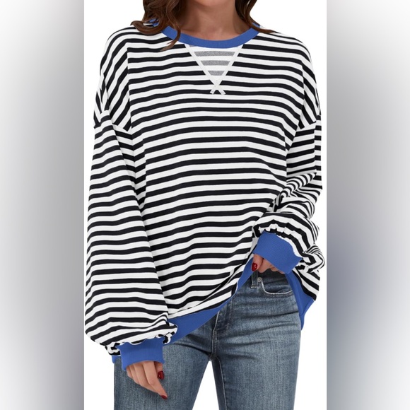 Anrabess Women Striped Oversized Sweatshirt Long Sleeve Crew Neck - Picture 2 of 3